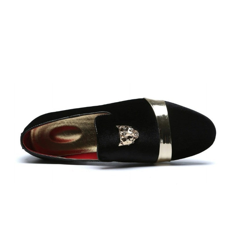 Santimon Men's US 6 Black Velvet Loafers Golden Animal Buckle Slip-On Shoes
