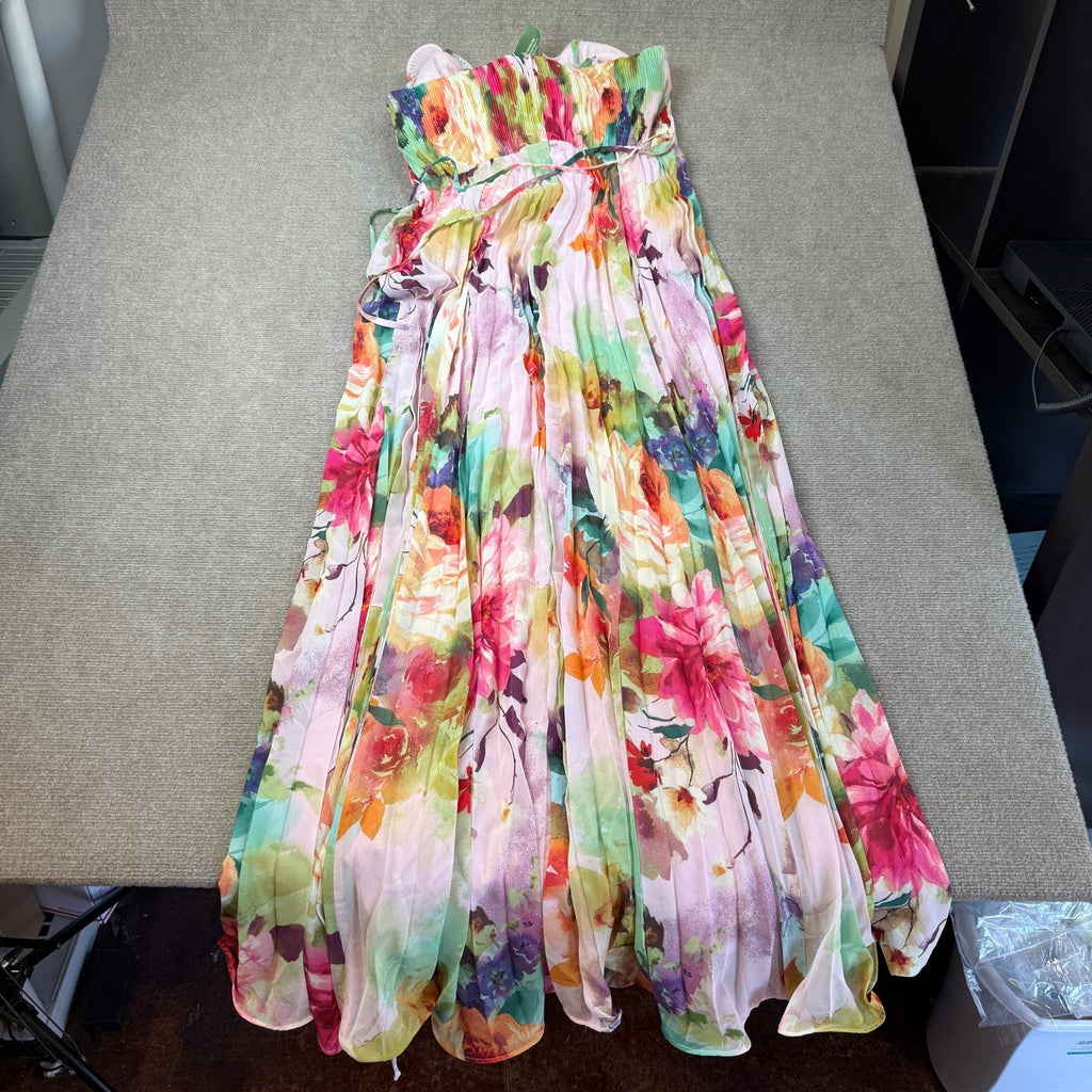 MSRP $140 Melonie T Womens 14 Pink Multi Floral Sleeveless Evening Gown V Neck