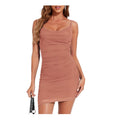 Women's S Summer Mesh Ruched Bodycon Mini Dress Sexy V Neck Spaghetti Strap Cock