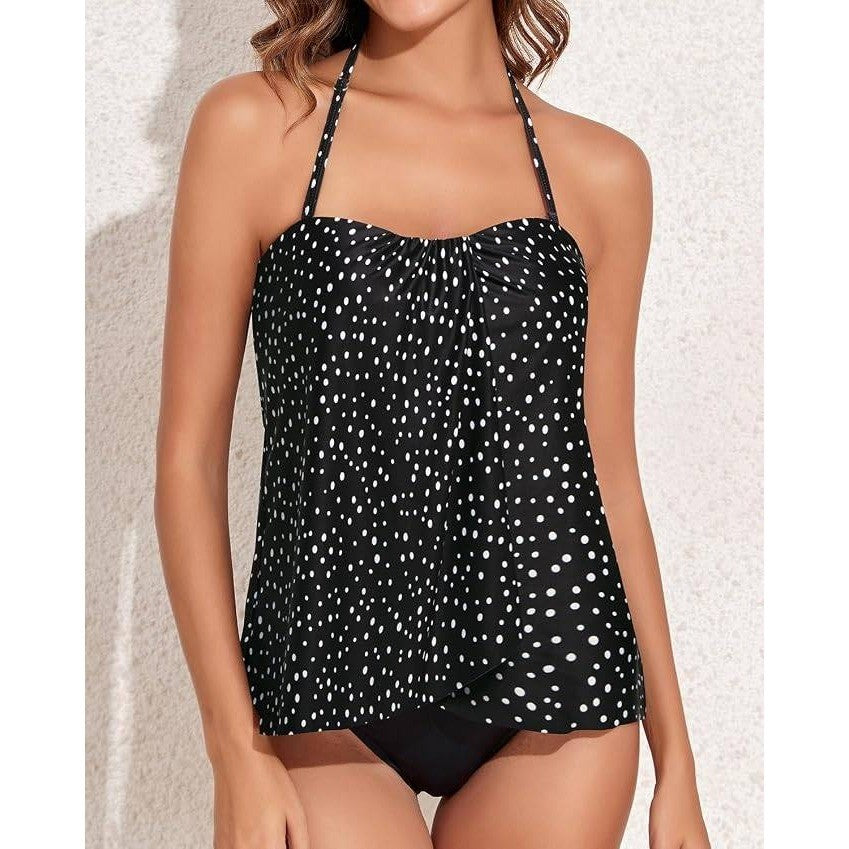MSRP $44 Tempt Me Women's L Black Two Piece Tankini Bathing Suit Halter Bandeau
