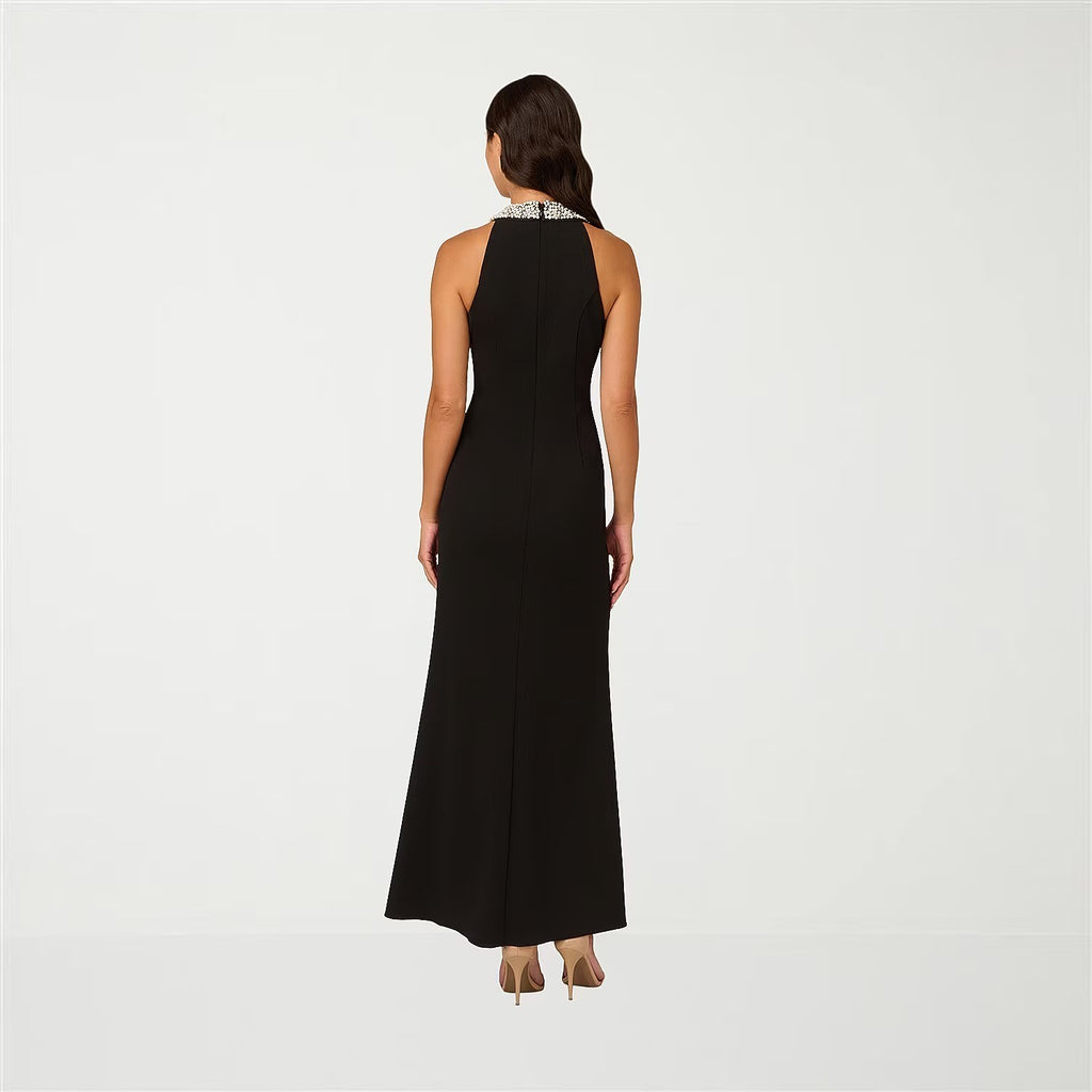MSRP $160 Papell Boutique Womens 14, 16 Black Embellished Evening Gown Halter Ne