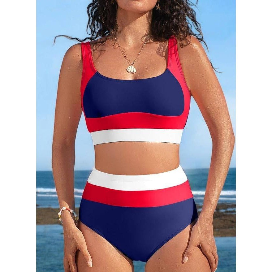 MSRP $33 Herseas Women's 2XL High Waisted 2 Piece Sporty Color Block Bikini