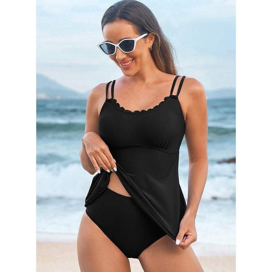 MSRP $42 Aleumdr Women's 2XL Black Tankini Bathing Suit Scallop 2 Piece Tummy