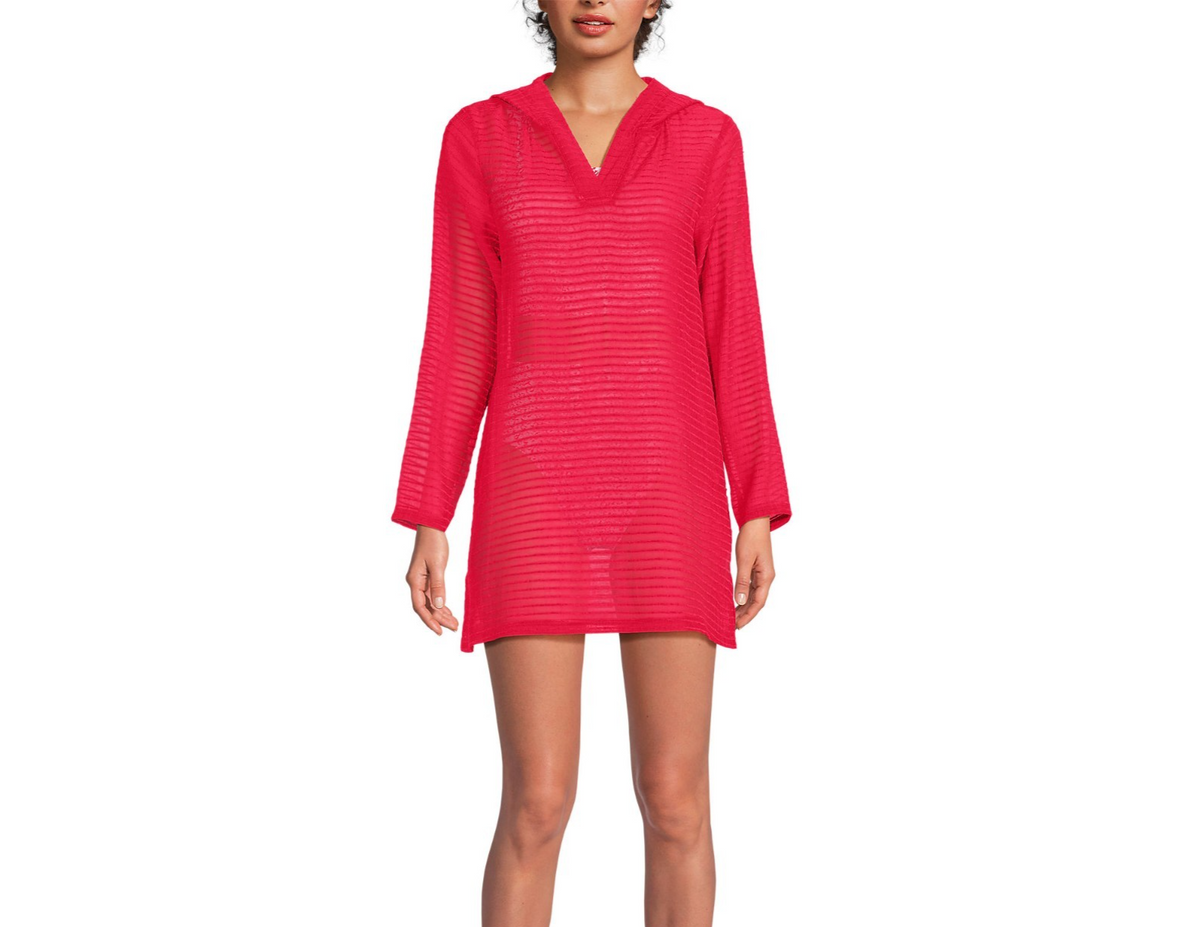 Lands' End Women's 1X LONG Rayon Rib Long Sleeve Hooded Mini Cover-up Dress Cora