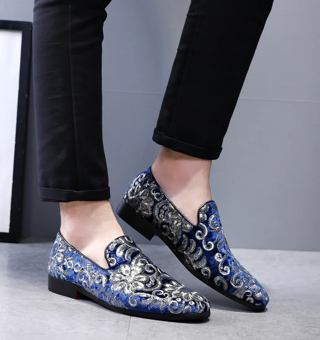 Santimon Men's US 6-12.5 Blue Velvet Silver Stitching Smoking Loafers Shoes