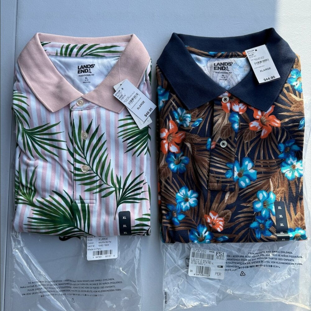 Set of 2 Lands End Polo Men's XL 46-48 Floral Striped Short Sleeve Cotton Shirt