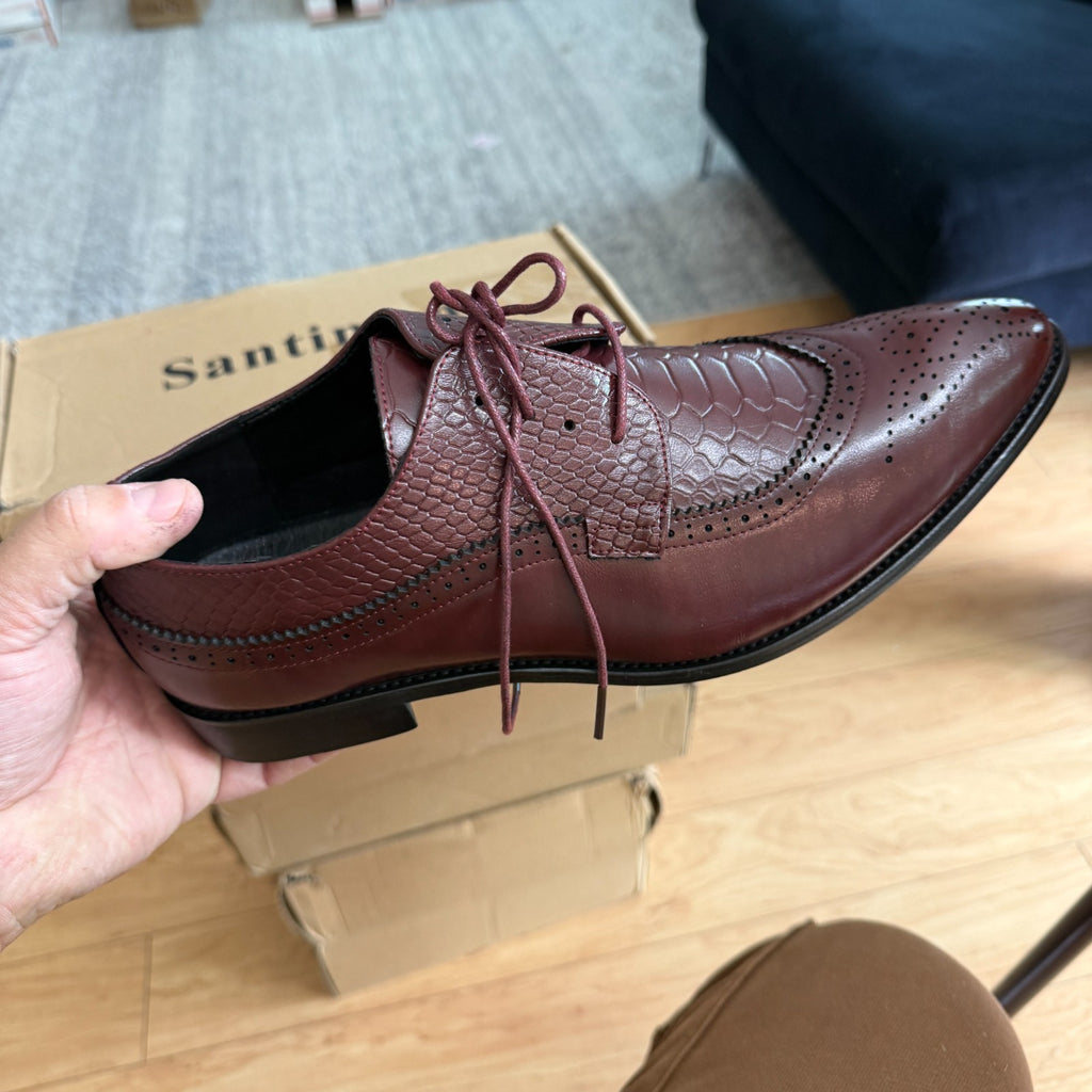 Santimon Men's US 7 - 11 Red Derby Crocodile Pattern Pointed Toe Brogue Shoes