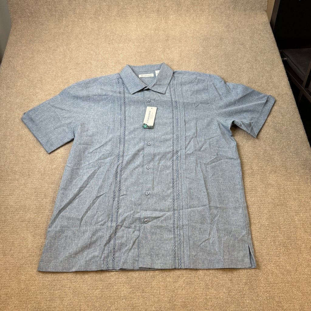 MSRP $60 Cubavera Chambray Mens L Dress Blues Pintuck Button Down Shirt Short