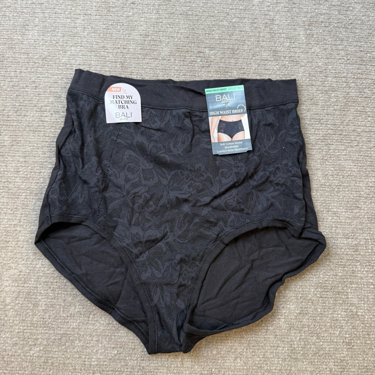 NWT Bali Breathe XL/8 Black Cotton Modal Lace High Rise Brief DFCLBF