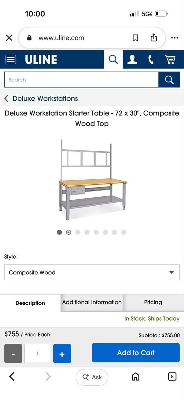 Uline Deluxe Workstations Table w/ Leg Outlets, Tabletop Power Strip, LED Light