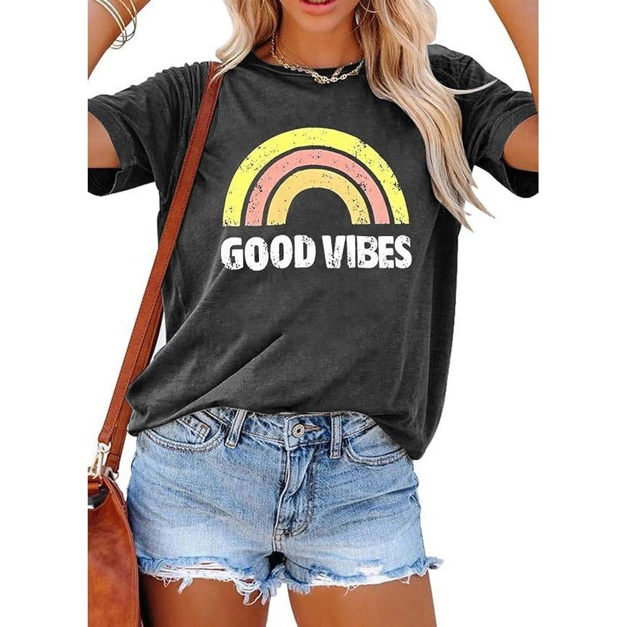 YEXIPO Women's M Good Vibes Graphic T-Shirt Short Sleeve Crew Neck Loose Fit Te