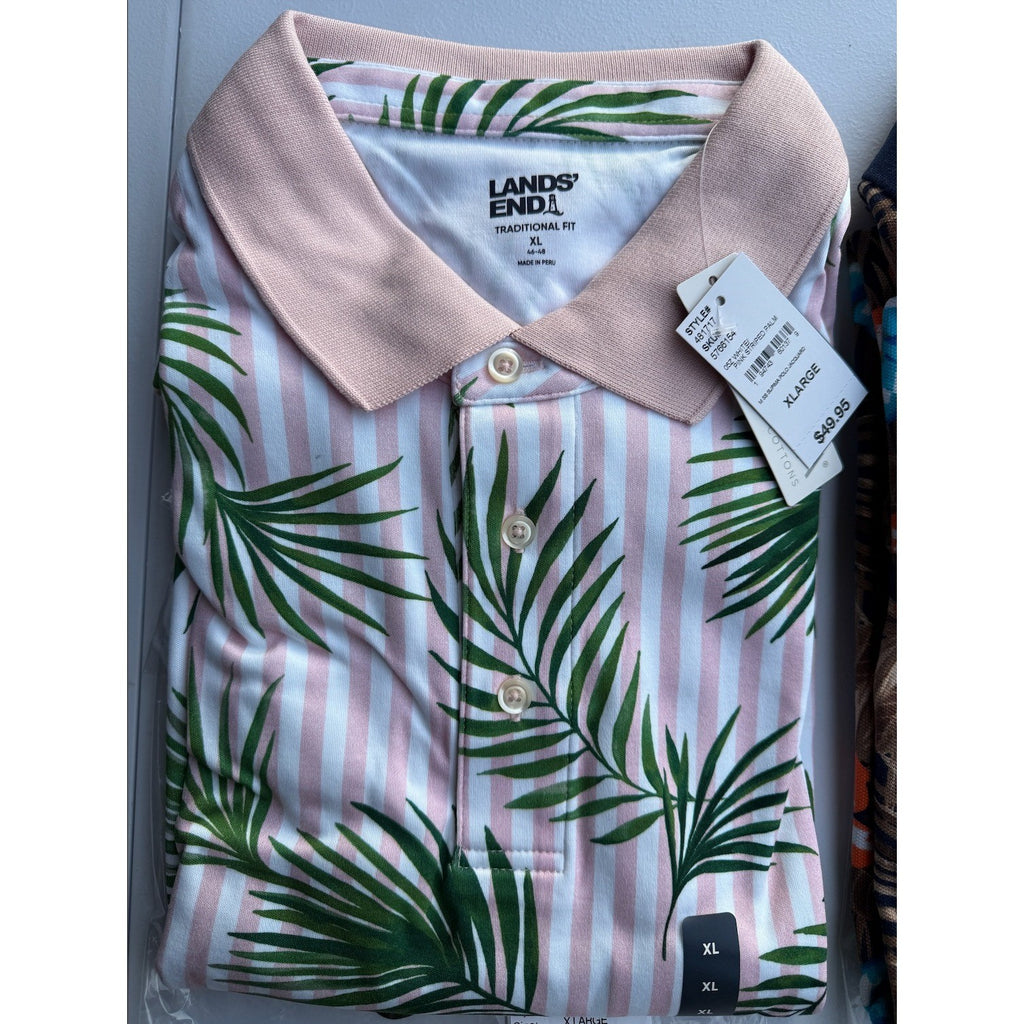 2 Pack Lands' End Mens XL Polo Short Sleeve - Rich Coffee & White/Pink Striped