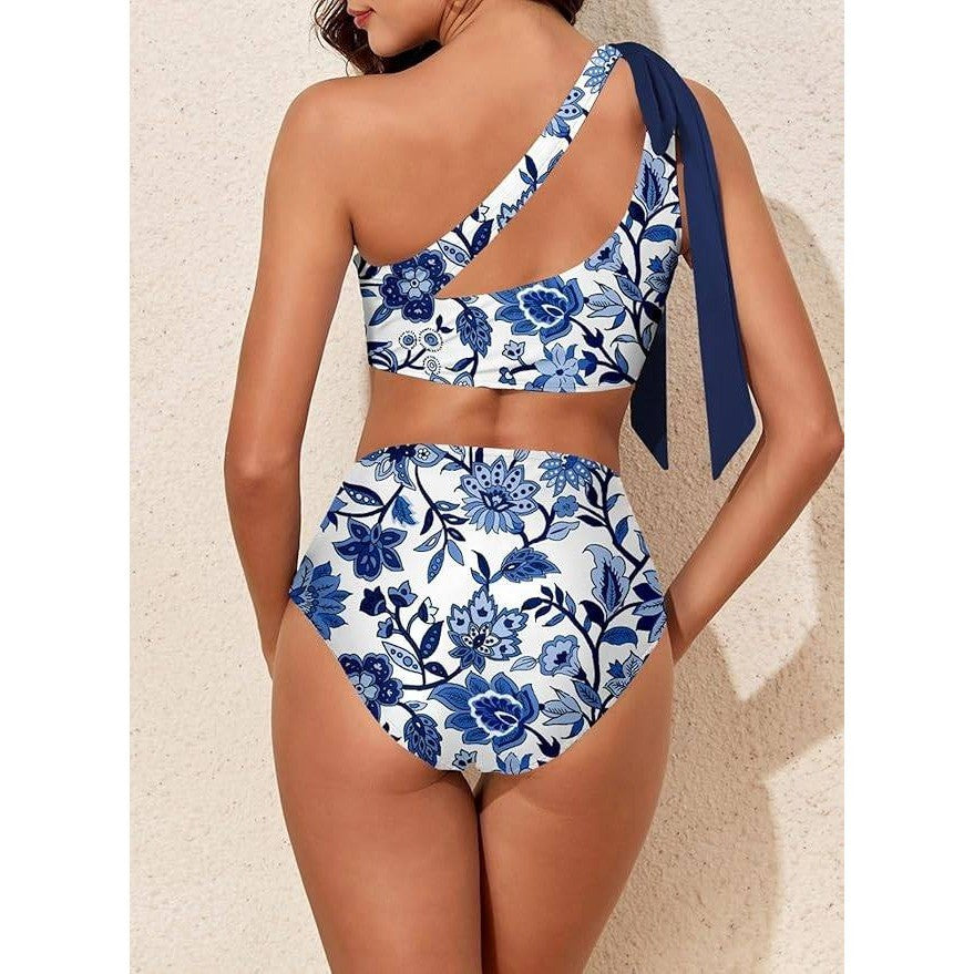 MSRP $35 Herseas Women's M One Bow Shoulder Bikini Set 2 Piece Ruched Swimsuit