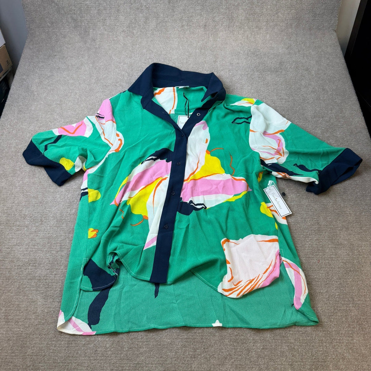 MSRP $64 Premier Amour Womens XL Kelly Green Floral Button Up Blouse Short Sle