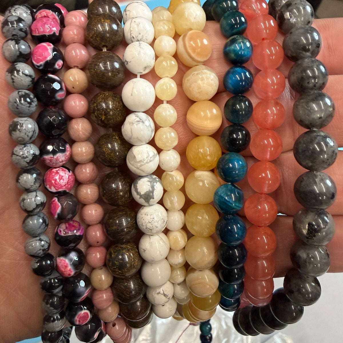 Set of 10 Natural Gemstone Round Beads Strands 15" Sizes 6,8,10 mm 14oz №B5