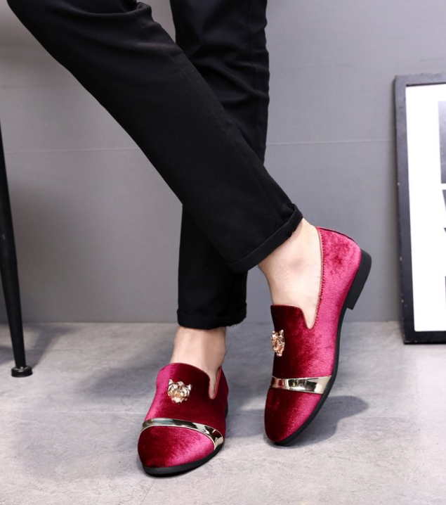 Santimon Mens Red US 6.5, 8 Velvet Loafers Golden Animal Buckle Slip-On Formal D