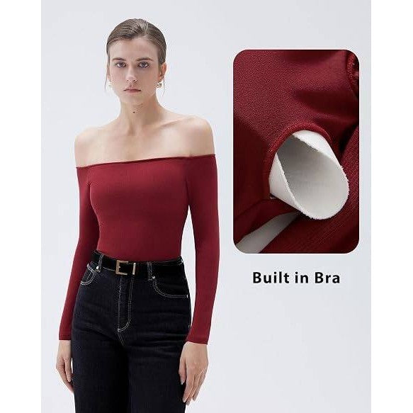 MSRP $32 SUUKSESS Women's S Wine Red Padded Off The Shoulder Tops Long Sleeve