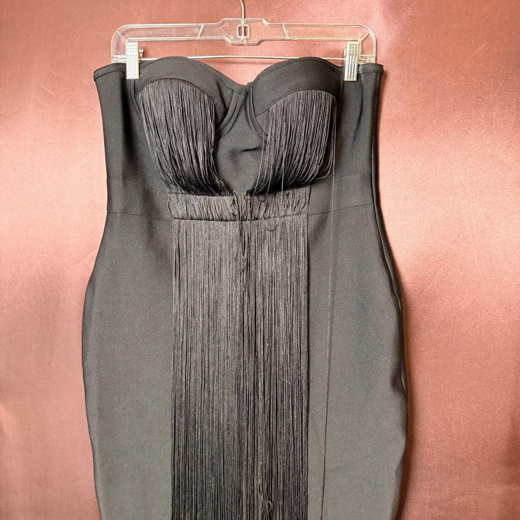 UONBOX Women's XL Black Strapless Elegant Tassel Tube Bodycon Bandage Dress