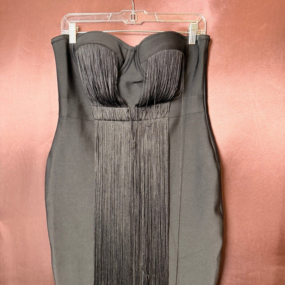 UONBOX Women's XL Black Strapless Elegant Tassel Tube Bodycon Bandage Dress