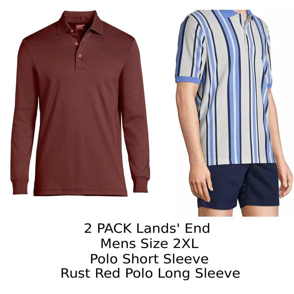 2 Pack Lands' End Mens Polo 2XL Rust Red Long Sleeve & Ivory/Chi Blue Short