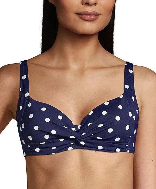 Lands' End DEEP SEA POLKA DOT Twist Front Underwire Bikini Swim Top Size 2,4