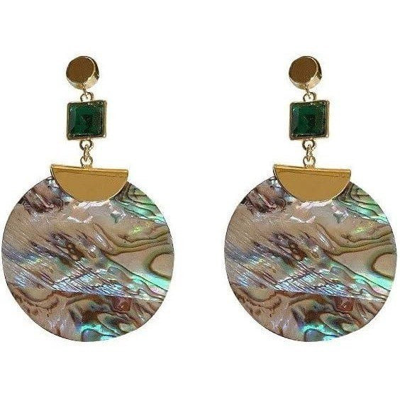 New Vtg Green Glass Tassel Drop Earrings Metal Shell Statement Jewelry for Women