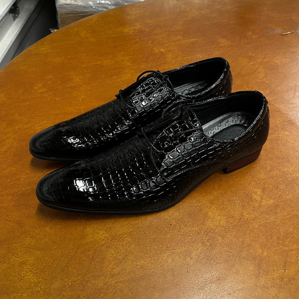 Santimon Men's US 8 - 12.5 Black Oxfords Alligator Patent Leather Dress Shoes
