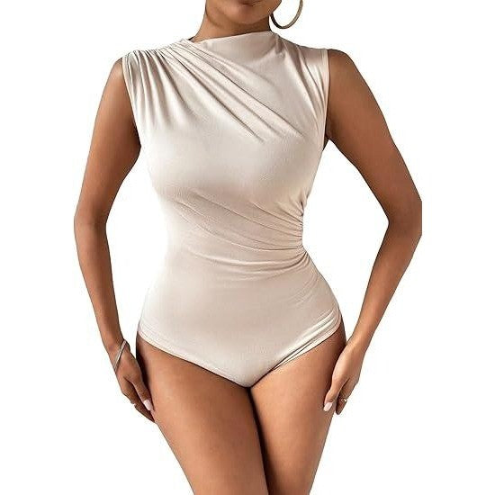 MSRP $31 Milumia Women's L Apricot Ruched Tank Top Sleeveless Mock Neck Bodysui