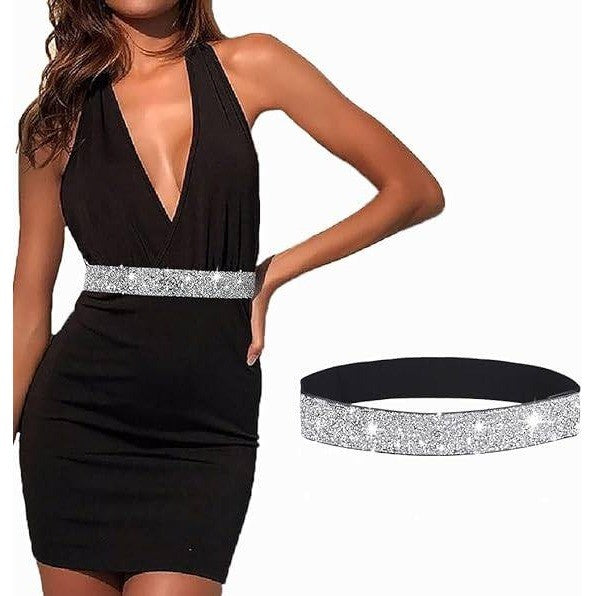 MSRP $21 Bounzhi Women's L (35"-43") Silver Belt Rhinestone Stretch Dresses Belt