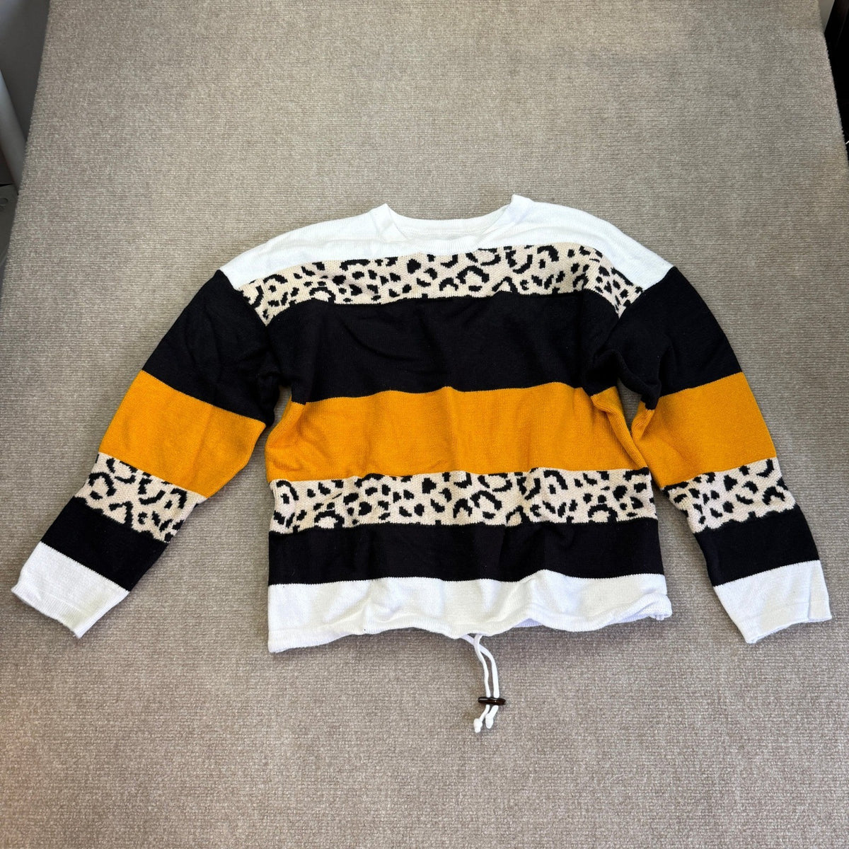 Women's XL Leopard Print Color Block Striped Knit Sweater Long Sleeve Crewneck