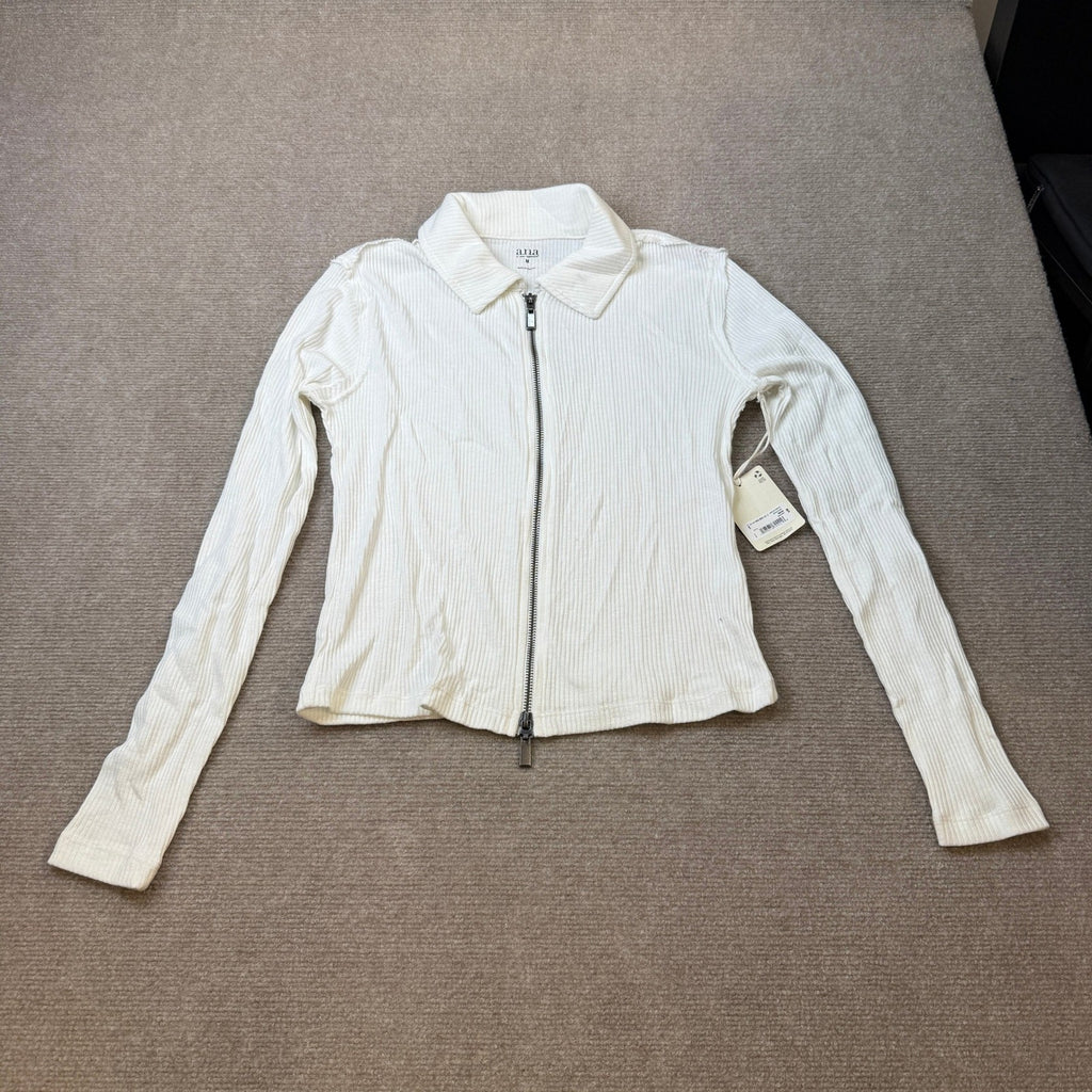 MSRP $38 a.n.a Womens M Snowdrift Long Sleeve Rib Polo Shirt Two Way Zipper