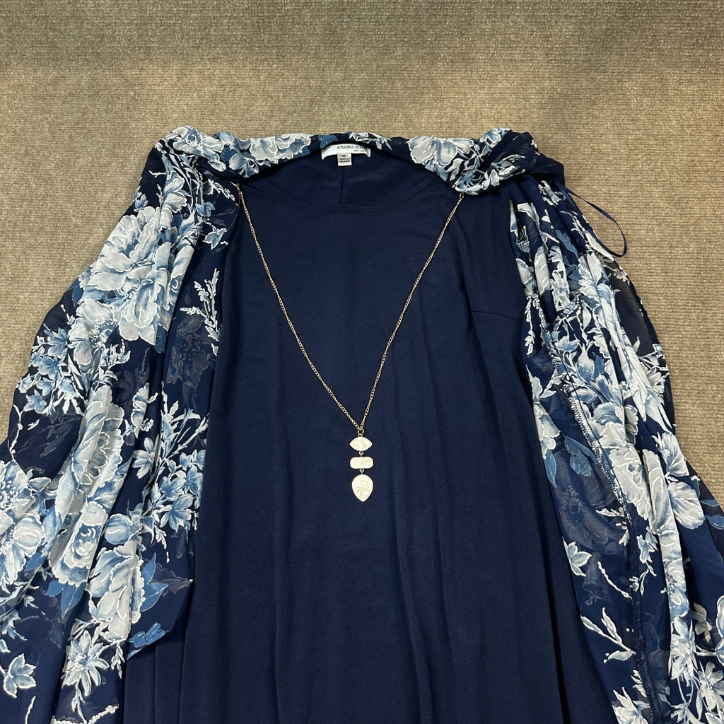 Studio One Womens XL Navy Denim 3/4 Sleeve Floral Faux-Jacket Dress With Removab