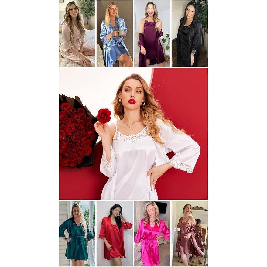 Ekouaer Sleepwear Women's L 2 Piece Satin Nightgown with Robe Set Sexy Lace