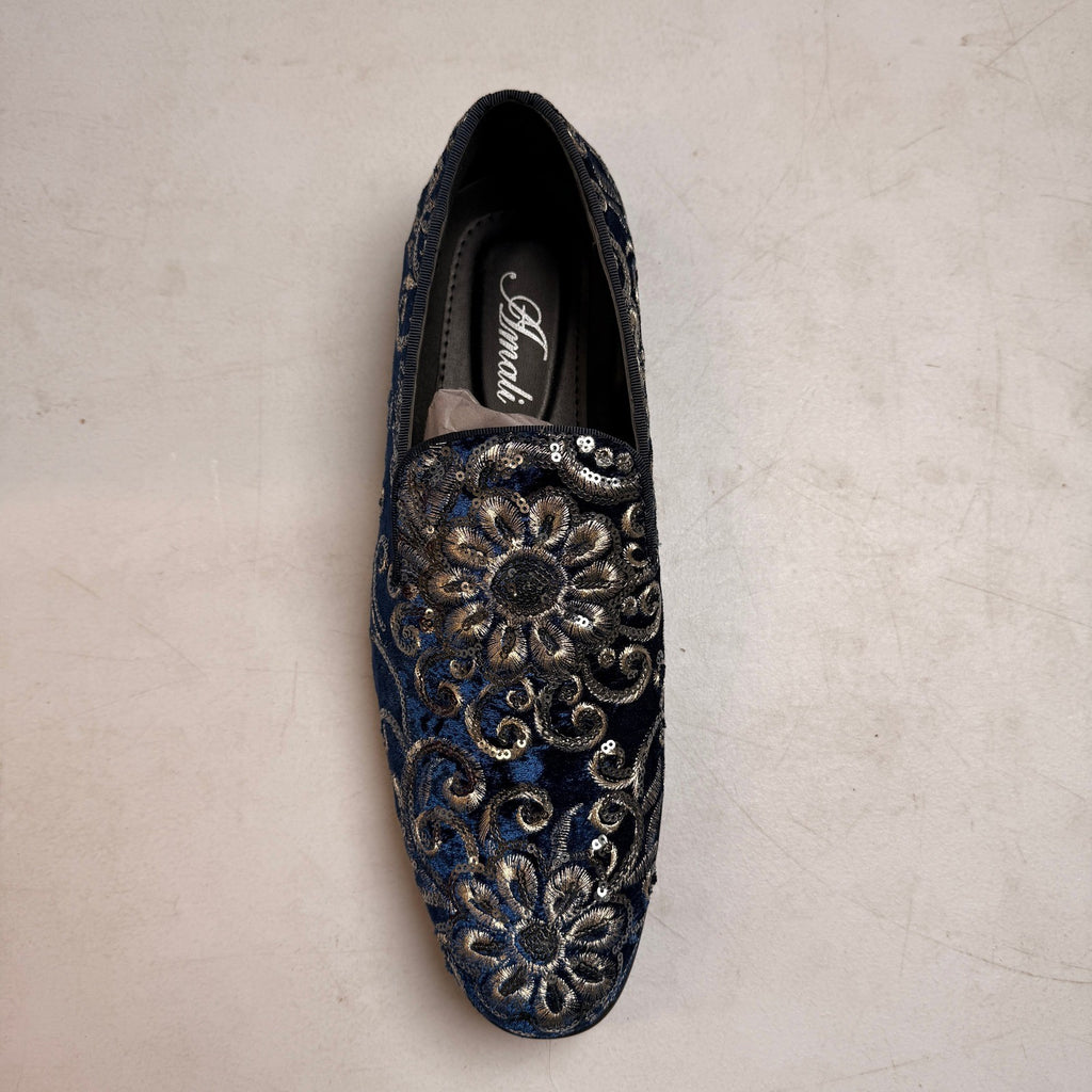 Amali Men's US 12 Navy Velvet Embroidered Sequin Smoking Loafers Slip On Shoes