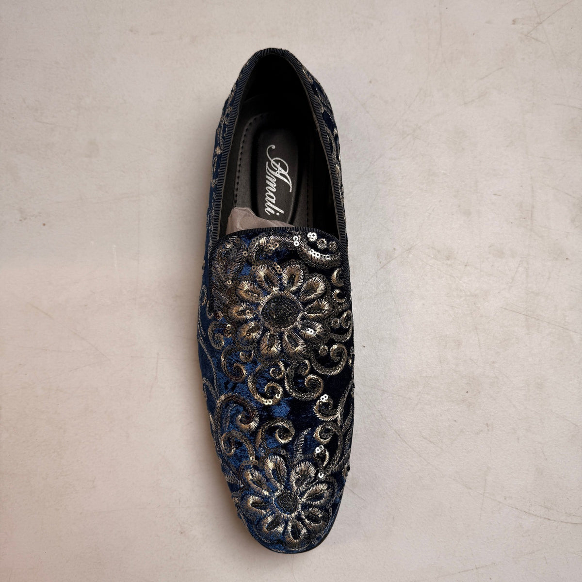 Amali Men's US 12 Navy Velvet Embroidered Sequin Smoking Loafers Slip On Shoes