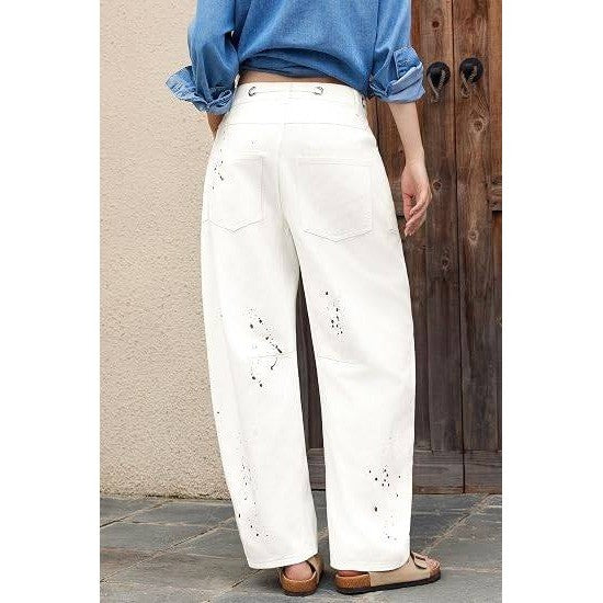 PLNOTME Womens 8 White Baggy Barrel Horseshoe Jeans Wide Leg Patchwork