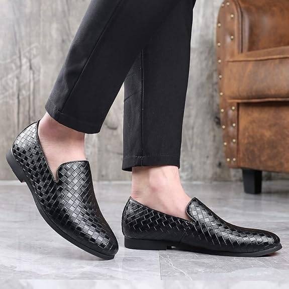 Santimon Men's US 6 Black Woven Moccasin Leather Slip-On Smoking Loafers Lightwe