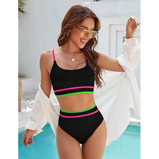 MSRP $43 BMJL Women's Black S High Waisted Bikini Ribbed Two Piece Swimsuit Hi