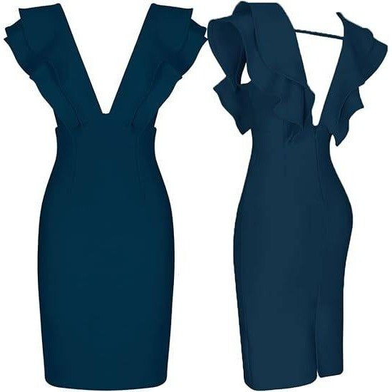 Uonbox Women's M Blue Ruffle Short Sleeve Plunge V Neck Bodycon Dress Back Spli
