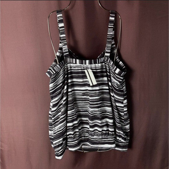 Lands' End Women's 16 LONG UPF 50 Blouson Tankini Swimsuit Top Black/White Ombre
