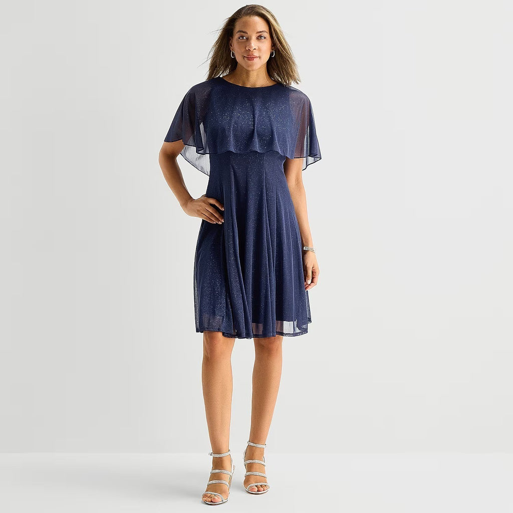 MSRP $100 J Taylor Womens 16 Navy Chiffon Glitter Short Sleeve Fit + Flare Dress