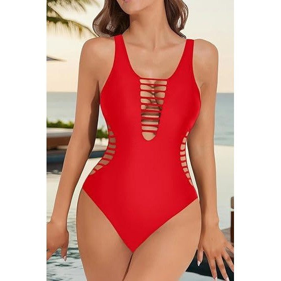 MSRP $45 Aqua Eve Women's L Red Sexy One Piece Swimsuits Plunge Deep V Neck