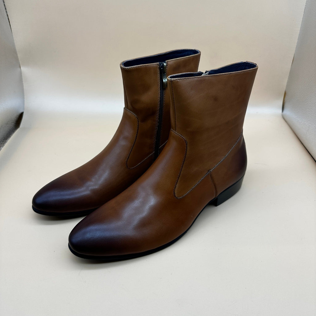 Santimon Men's US 8 Brown Leather Sleek Cut Zipper Above Ankle Dress Boots