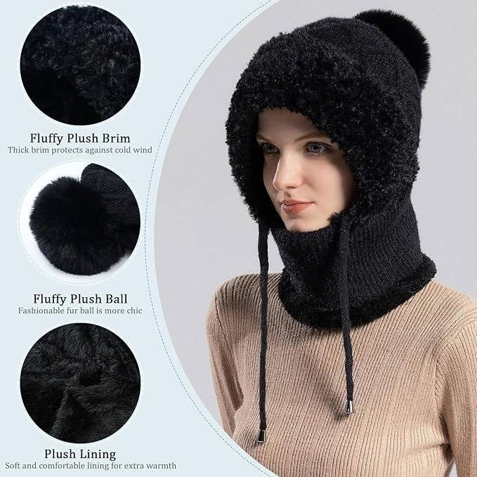 HAIMEIKANG Black Balaclava Ski Hat Wind-Resistant Hat Cap Scarf for Women