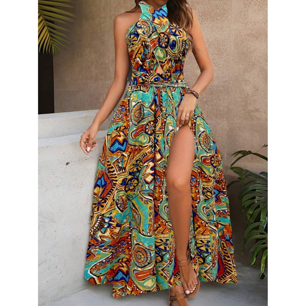 SHEIN Women's M Floral Print Vacation Halter Neck Tie Waist Split Dress Maxi Ou
