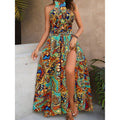 SHEIN Women's M Floral Print Vacation Halter Neck Tie Waist Split Dress Maxi Ou
