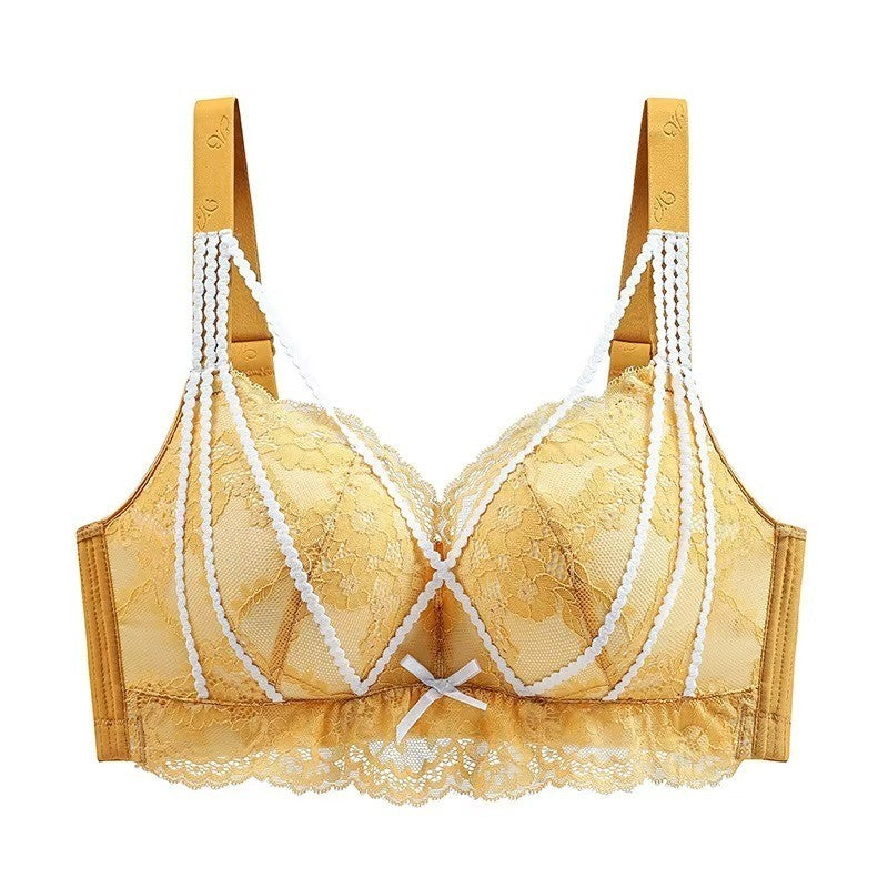 Women's Plus Size 38/85E Yellow Floral Lace Wireless Bra, Full Coverage, Comfor