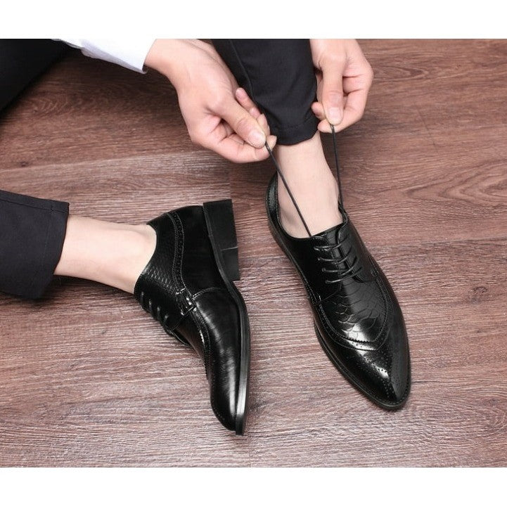Santimon Men's US 9.5 Black Derby Crocodile Pattern Pointed Toe Brogue Shoes