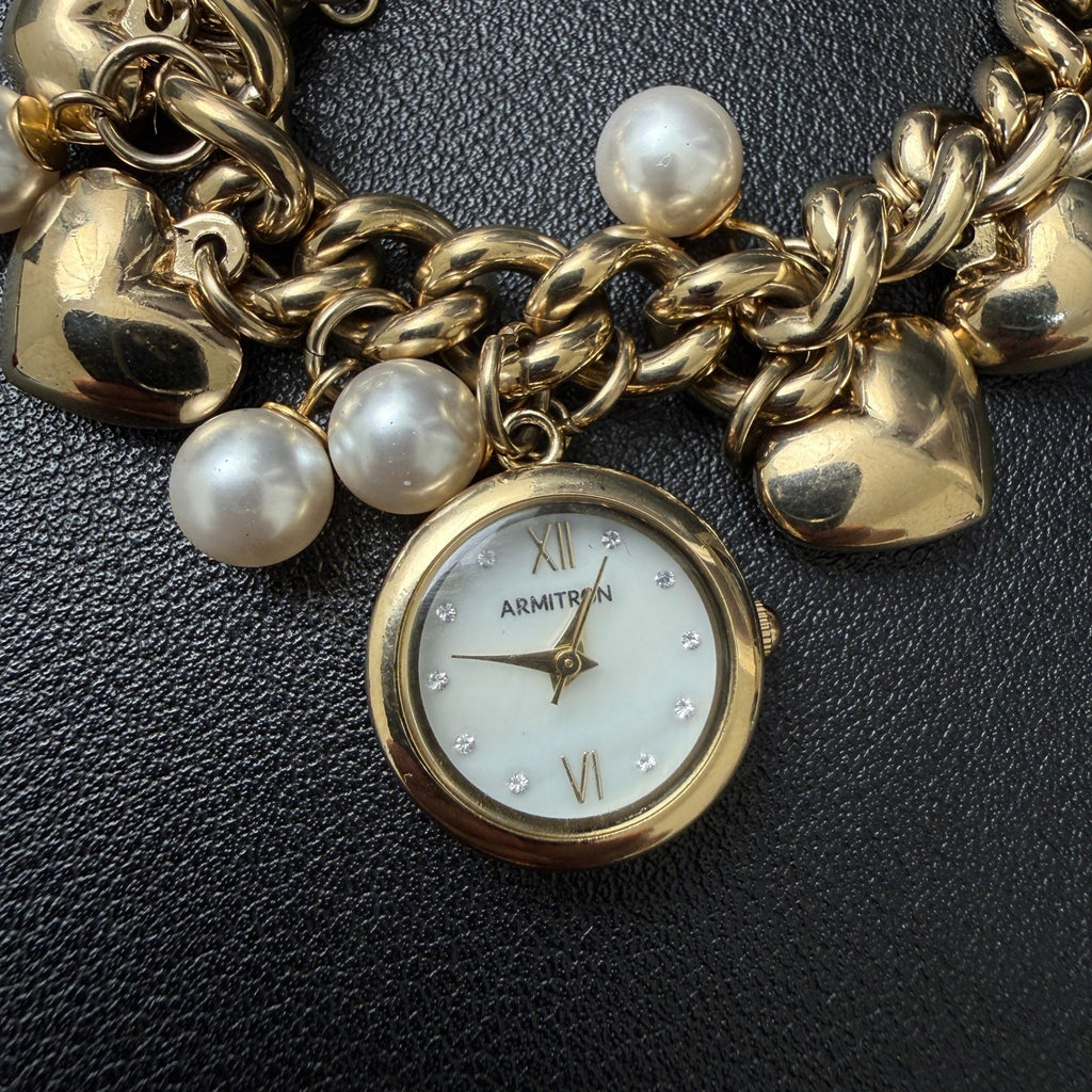 MSRP $85 Armitron 75/5578GP Womens Gold Tone Charm Crystal Bracelet Watch New B