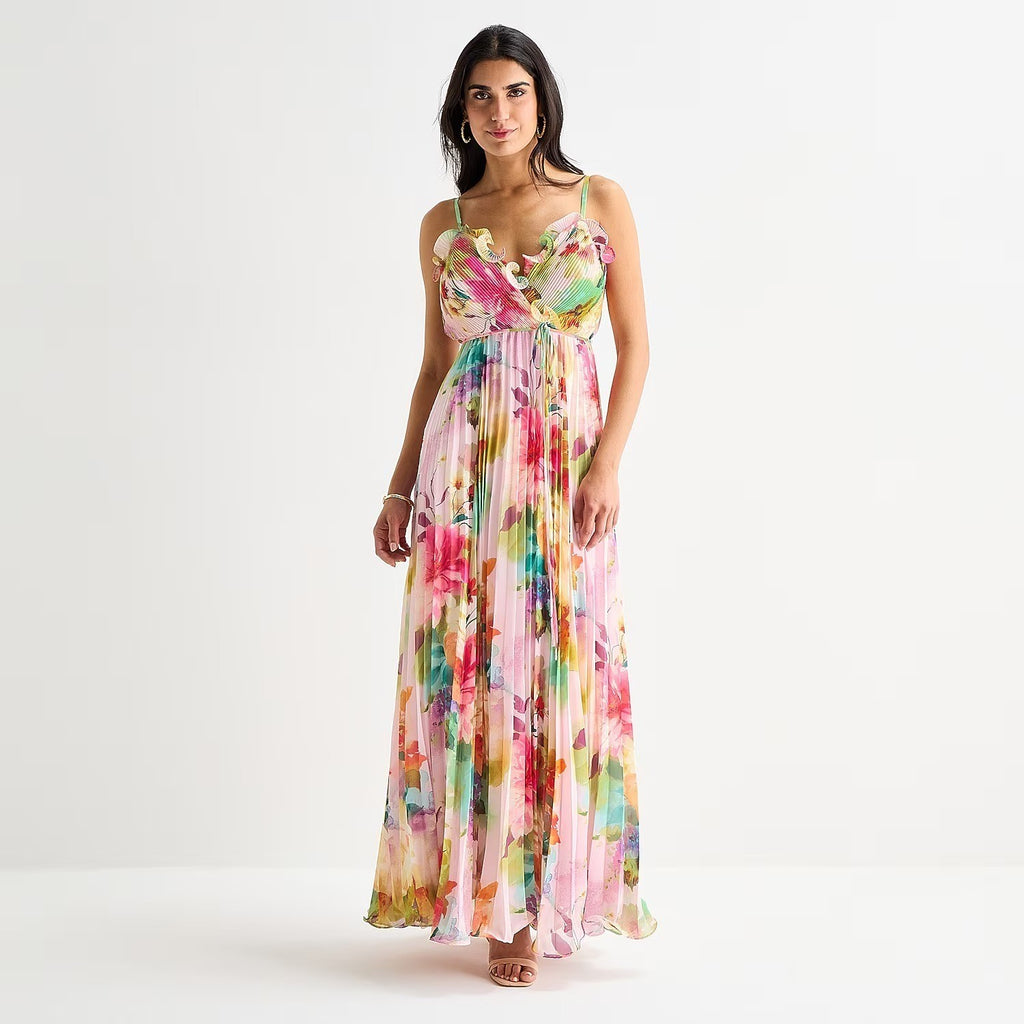 MSRP $140 Melonie T Womens 14 Pink Multi Floral Sleeveless Evening Gown V Neck